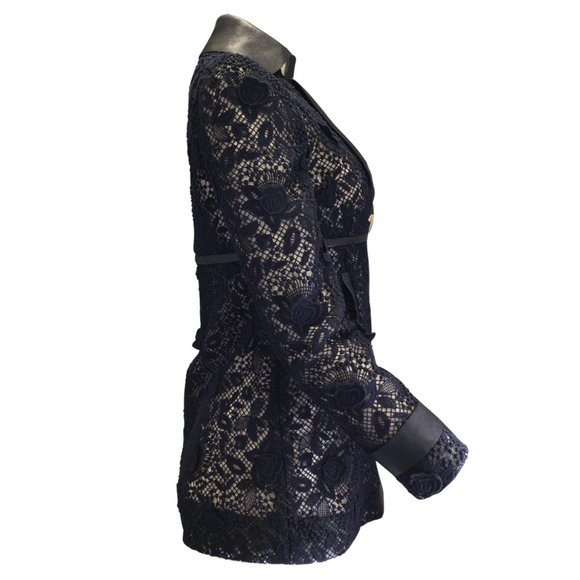 VALENTINO NAVY BLUE DOUBLE BREASTED LACE AND LEATHER JACKET - Picture 2 of 4